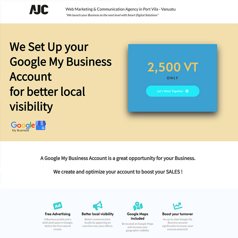 Landing Page "Set Up my Google My Business account" by AJC Digital Agency in Vanuatu